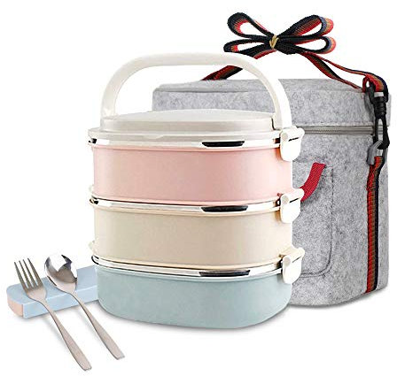 Unichart Quadratische Lunchbox aus Edelstahl mit Behältertasche, Löffel und Gabel, perfekt für Salate, Sandwiches, Snacks (3 Ebenen)
