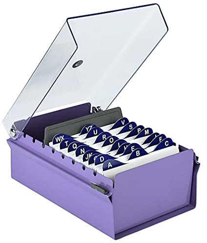 Acrimet 3'' X 5'' Card File Holder Organizer Box Metal Base Heavy Duty (AZ Index Cards 130mm Width x 90mm Height and Divider Included) (Purple Color with Clear Crystal Plastic Lid Cover)