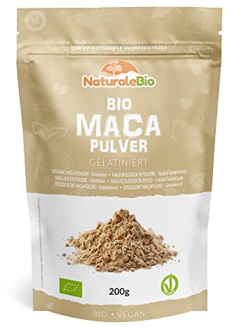 NaturaleBio Maca Bio en Poudre 200g. Organic Peruvian Yellow Maca Root Powder. Gélatinisée, Naturelle et Pure. Produite au Pérou à partir de Racines Biologiques