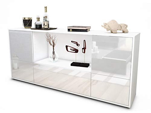 Stil.Zeit Sideboard Elvezia, Korpus Weiss matt, Front Hochglanz Weiß (180x79x35cm) Push-to-Open Technik
