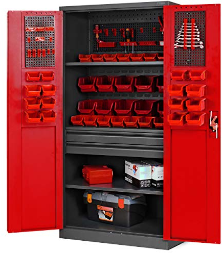 Jan Nowak Armoire à Outils TC02AM Armoire Meuble d'atelier avec tiroirs Portes battantes 3 étagères Peinture en Poudre 185 cm x 92 cm x 50 cm (Anthracite/Rouge)