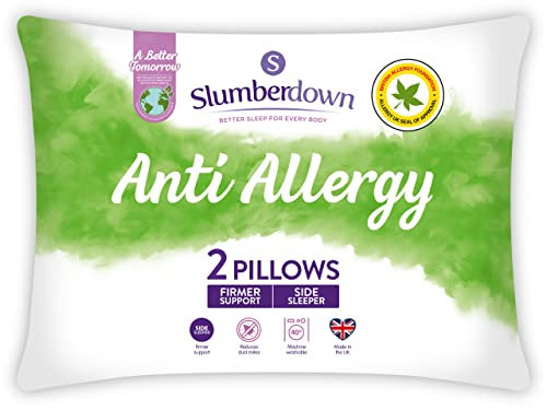 Slumberdown Anti Allergy Pillows 2 Pack - Allergy UK Approved Firm Support Back & Side Sleeper Pillow for Allergy Sufferers | Anti Bacterial Cover, UK-Made & Washable (48 x 74cm)