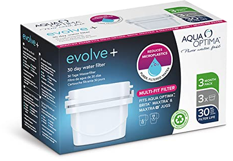 Aqua Optima Evolve+ cartucho de filtro de agua de 30 días, paquete de 3 (suministro de hasta 3 meses) - Compatible con más del 90% de las jarras filtrantes, incluidas Brita Maxtra y Maxtra+