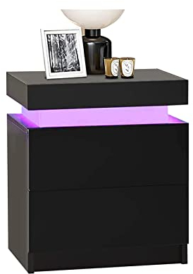TUKAILAI Nachttisch mit LED-Licht, 2 Schubladen und Hochglanzkommode Nachtschrank Nachttisch für Schlafzimmer Wohnzimmer Schwarz