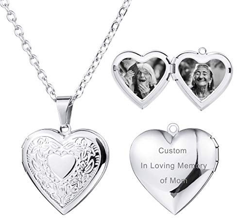 MeMeDIY Collier Médaillon Coeur Personnalisé Contient Une Texte de Gravure d'image Commémorative Photo pour Femmes Fille Maman Grand-Mère Pendentif d'amour en Acier Inoxydable(Couleur Argent)