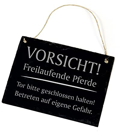 Schiefertafel Schild - Vorsicht! Freilaufende Pferde - Schiefer Warnschild 22x16cm