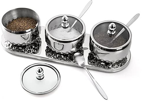 Peohud Set of 3 Stainless Steel Condiment Pot, Spice Jar with Glass Lid Spoons and Tray, 9.3 oz Sugar Bowl Seasoning Box Jar Set, Storage Organizers for Cruet Salt Pepper