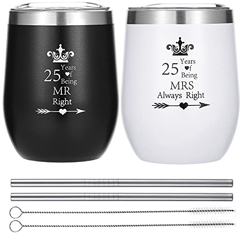 HLIKEM 2 Stück Weingläser 25 Jahre Mr Right Mrs Always Right 25h Hochzeit Verlobung Jahrestag Tassen für Paare Eltern Edelstahl isoliert Weinglas mit Strohhalmen und Bürste