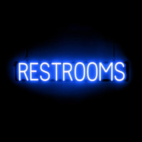 SpellBrite RESTROOMS Sign for Business | Restroom-Related Sign with Neon Look, Blue LED Light Source | 36.2 x 6.3