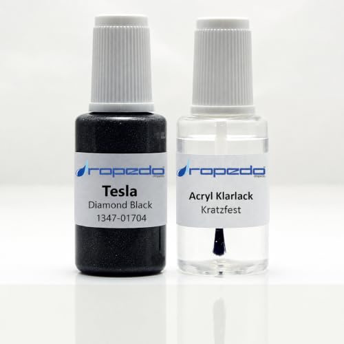 Lackstift Set passend für TESLA 1347-01704 DIAMOND BLACK + Klarlack 20ml | Wasserbasislack wie vom Lackierer, nach Original-Farbcode gemischt, Pinsel im Deckel, für Steinschlag und Kratzer