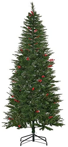 HOMCOM 7ft Pencil Artificial Christmas Tree with Realistic Branches, Red Berries, Auto Open, Green