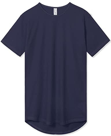 Men's Short Sleeve Hipster Drop Cut Curved Hem Long Scallop T-Shirts, Navy, XL