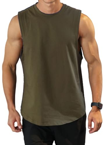 Herren Tanktop Gym Tshirt Baumwolle Muskel Fitness Training Laufshirt Fitness Tanks Ärmelloser Shirt 03 Armeegrün XL