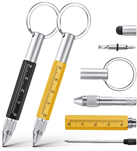 Vicloon Cadeau Homme, Stylo Multifonction 6 en 1, 2pcs Stylo à Bille Multifonction avec Boucle Ronde, Cadeaus Gadgets Insolite Utile pour Homme/Femme, Cadeau de Noël Original Rigolo (Noir+Jaune)