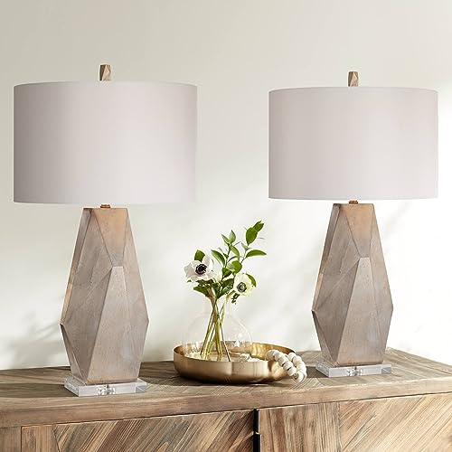 Possini Euro Design 32 1/2 Tall Geometric Large Mid Century Modern Glam End Table Lamps Set of 2 Champagne Gold Living Room Bedroom Bedside Nightstand House Office Home Reading Off-White Shade