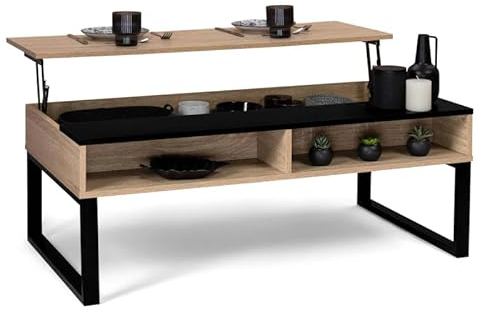 IDMarket - Table Basse Plateau relevable rectangulaire Jersey Bande Noire avec rangements Design Industriel