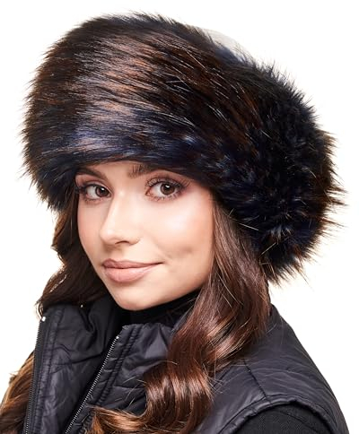 Futrzane Siberian Mütze mit Fellrand - Fellmütze Damen - Pelz und Leder Hut (S, Weiß - Marineblau mit Braun Classic)