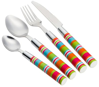 FLAMEFIELD Camper Smiles 16-teiliges Besteckset – stilvoller, gestreifter Edelstahl, langlebig und vielseitig für Camping, Essen im Freien und den Heimgebrauch, elegantes Design für jede Mahlzeit