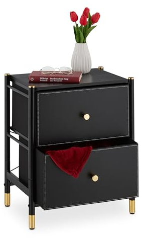 Relaxdays Beistellschrank, 2 Schubladen, HxBxT: 55,5 x 46 x 33 cm, Schränkchen für Schlaf- & Wohnzimmer, schwarz/Gold