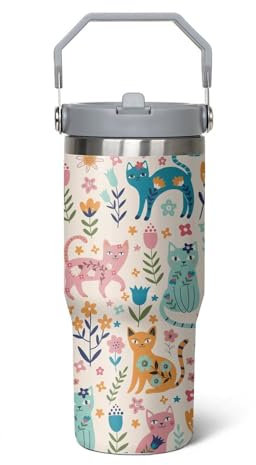 qwpmvhsak 30 Oz Cat Flip StrawTumbler Lid and Straw,Funny Cat leakproof Insulated Stainless Steel Travel Coffee Cup Mugs Water Bottle,Cat Gifts for Cat Lovers