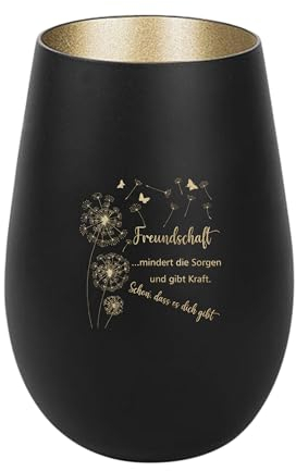 Der-Porzellan-Laden Windlicht mit Gravur Freundschaft mindert die Sorgen, Schwarz Gold, Teelichthalter aus Glas mit Spruch, Tischdeko modern