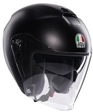 AGV - IRIDES E2206, Casco Moto Jet, Unisex, Assorbimento del Sudore, Visiera Antigraffio e Anti-UV, Matt Black, XS