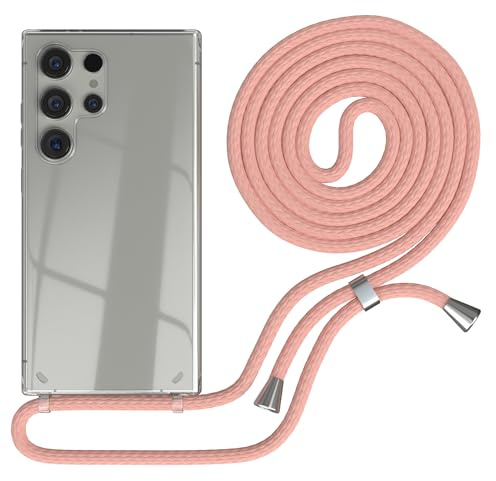 EAZY CASE - Handykette kompatibel mit Samsung Galaxy S24 Ultra Kette zum Umhängen für Galaxy S24 Ultra Hülle mit Band aus Silikon stoßfeste transparente Handyhülle Fallschutz Alt Rosa - Clips Silber