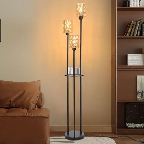 Winverty Rattan Boho Stehlampe Wohnzimmer mit Regal, 3-Flammige Retro Stehleuchte mit Rattan Lampenschirm & Fußschalter, Vintage Industrial Standleuchte E27 für Schlafzimmer Büro, Höhe 166cm