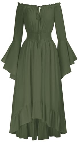 SCARLET DARKNESS Womens Medieval Dress Vintage Victorian Dresses Off The Shoulder Long Sleeve High-Lo Maxi Dresses for Women UK Olive Green L
