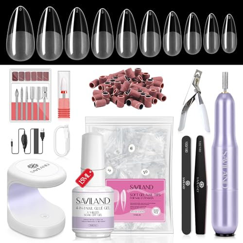 Saviland Capsule Ongle Kit, 240 PCS T-Forme & 240 PCS Amande Pose Americaine Capsules Ongles, avec Portable Lampe à Ongles, Colle à Ongles 6 en 1, Ongle Gel Kit Complet pour DIY Nail Art