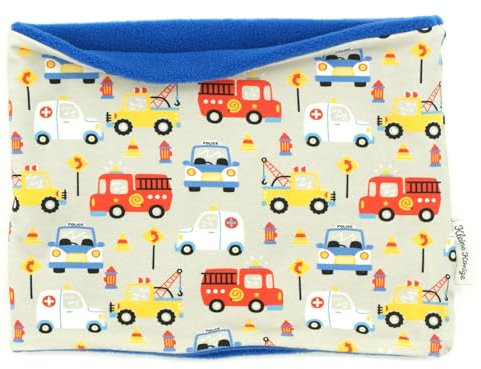 Kleine Könige Loop Schal Kinder Jungen bis 10 Jahre · Modell Feuerwehr Polizei Happy Cars grau · Innen Fleece royalblau · Made in Germany