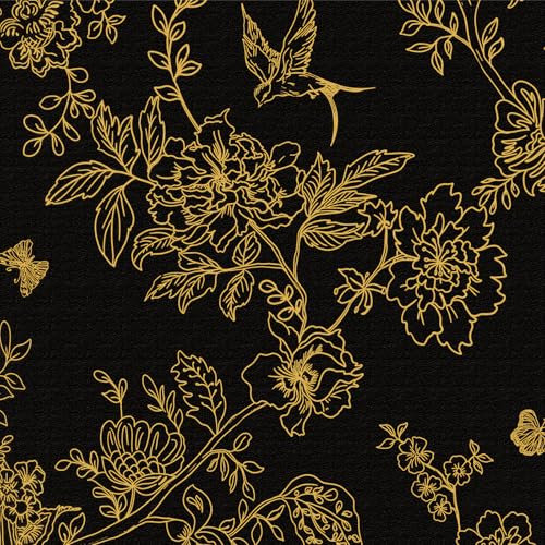 Papier Peint Adhesif Oiseau et Fleur,44 x 500cm Papier Peint Adhesif Noir et Or Papier Peint Fleuri Papier Peint Feuille Papier Peint Jungle Botanique Papier Peint Adhesif pour Meuble Chambre,Salon