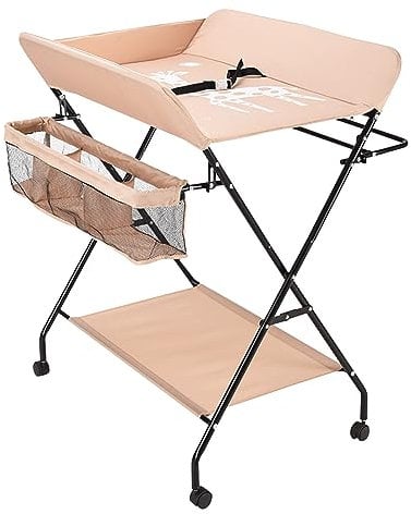 Queeucaer Wickeltisch und Massagetisch mit Rolle, höhenverstellbar klappbar Babymöbel,80 * 63 * 96cm,Wasserdicht und Höhenverstellbar，Baby Wickelkombi mit Ablagefächern