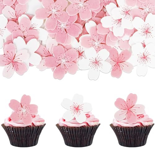Xsstarmi 60 Pack Edible Cherry Blossoms Cupcake Toppers Rice Paper Cherry Blossoms Flowers Cupcake Picks for Baby Shower Wedding Birthday Party Cake Decorations Supplies