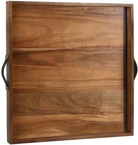 Extra Large Square Ottoman Tray for Living Room Coffee Table 53.3 x 53.3 cm Decorative Acacia Wooden Serving Tray with Leather Handles for Breakfast in Bed Dinner Food TV (Color Natural)