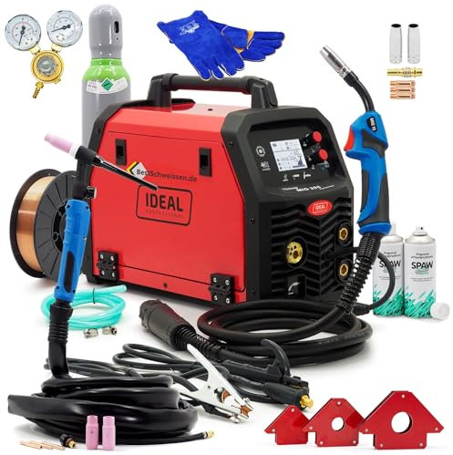 IDEAL MIG 205 - Soldadora combinada 5 en 1 MIG/MAG WIG/TIG MMA, gas protector de 230 V, con accesorios, botella de gas de argón/Co2, mini reductor de presión, guantes de soldadura, juego de imanes de