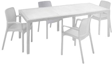 Dmora - Tisch- und Stuhlset Moie, Indoor-Lounge, ausziehbarer rechteckiger Tisch mit 4 Stühlen mit Armlehnen, Made in Italy, Weiß