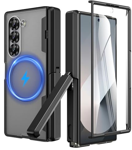 HWeggo für Samsung Galaxy Z Fold 6 Hülle mit Kickstand & Front Screen Protector, mit magnetischen Lade Magnetscharnier Schutz, stoßfest schützende Telefon Hülle Abdeckung, schwarz