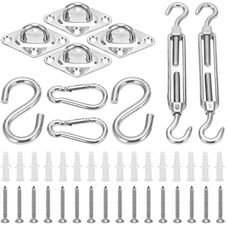 Cerlyiont 42 Pcs Set Awning Attachment Set, Stainless Steel Sun Shade Sail Hardware Kit, Winch Set, for Outdoor Patio Garden Rectangle Square Triangle Accessories