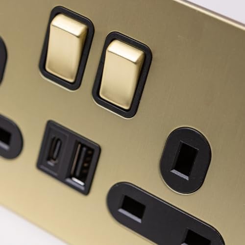 Satin Brass Straight Knurled Switches and Sockets (1 GANG 2 WAY) (Double 13A socket with USB A & C)