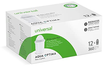 Aqua Optima Water Universal Filter Cartridge, 30 Days (12 Months Supply), Compatible with Brita Classic,5 Stage Filtration System Reduces Chlorine, Limescale and Other Impurities, BPA Free, White