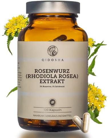 QIDOSHA® Rosenwurz (Rhodiola Rosea) Extrakt, testierter Wirkstoffgehalt, 120 Kapseln im Apothekerglas, jede Charge laborgeprüft, deutsche Fertigung