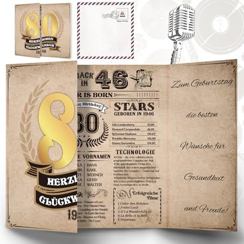 Thboxes Geburtstagskarte Zum 80. Geburtstag, Back In 1946 | Retro-Design, 350 G/M² Papier, Innen Beschreibbar, Mit Umschlag Und Aufkleber