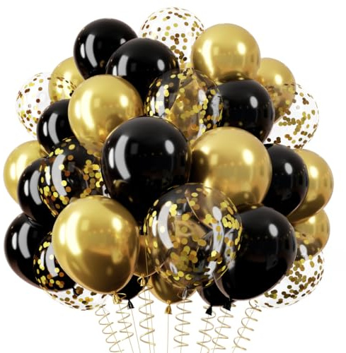 QIFU Luftballoons Schwarz Gold, 36 Stück Luftballoons Schwarz Gold | 12 Zoll Helium Luftballon Geburtstag Schwarz Gold mit Goldene Konfetti Ballons für Graduierung EID Mubarak New Year Silvester