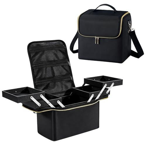 Joligrace Make-up-Tasche Kosmetiktasche Kosmetikkoffer Nagellack Organizer mit Schultergurt, schwarz / goldfarben, 27.5cm x 19.5cm x 24.5cm, Modern funktional