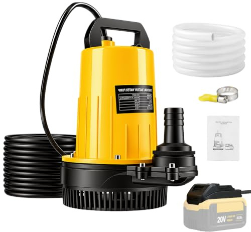 Akku Tauchpumpe für Dewalt 18V Akku (Ohne Akku), 2800L/H Klarwasserpumpe mit 12m Förderhöhe, 5m Anschlusskabel, 10m Ablaufschlauch & Sicherheitsdeckel, für Pool, Wasserbett, Garten, Teich Entwässerung
