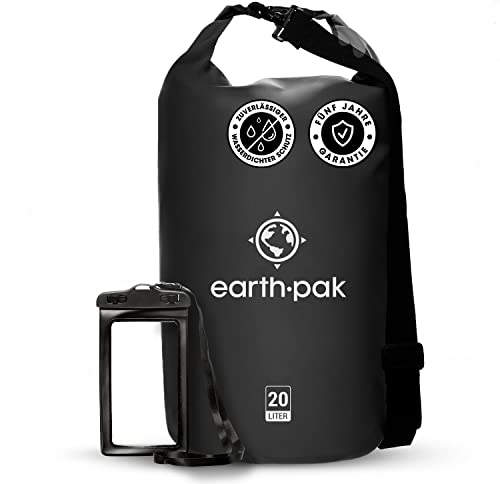 Earth Pak – Wasserdichter Packsack mit Schultergurt und wasserfester Handyhülle – Ideale Rolltop Tasche beim Kajak Fahren, Wandern, Camping, Angeln, Bootfahren und Rafting (Schwarz, 40L)