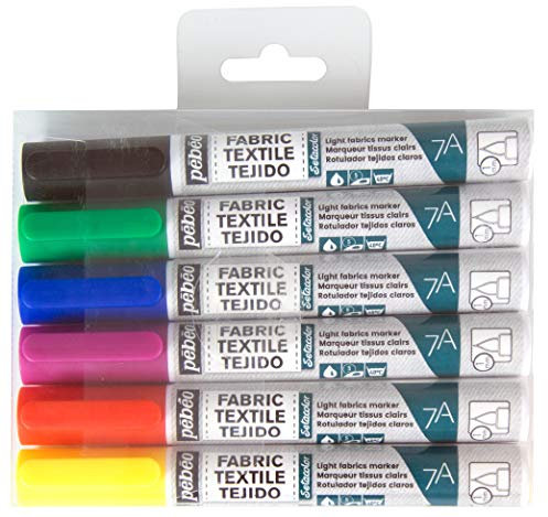 Pébéo - Set de 6 marqueurs spécial tissu et textiles clairs, Feutres pour tissus et textiles, assortiment basique pointe ronde 1mm Multicolore