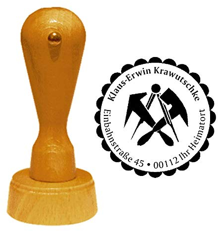 Stempel Adressstempel « DACHDECKER » Durchmesser ca. Ø 40 mm - mit persönlicher Adresse, Motiv und Zierrand - Zunft Zunftzeichen Beruf Dachdecken