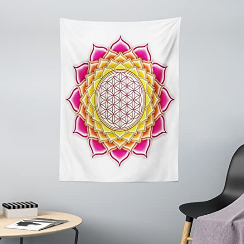 ABAKUHAUS Lotus Wandteppich, Blume des Lebens Geometrisches Muster in Lotusblüten Yoga Bild, aus Weiches Mikrofaser Stoff Wand Dekoration Für Schlafzimmer, 110 x 150 cm, Hot Pink Orange Gelb